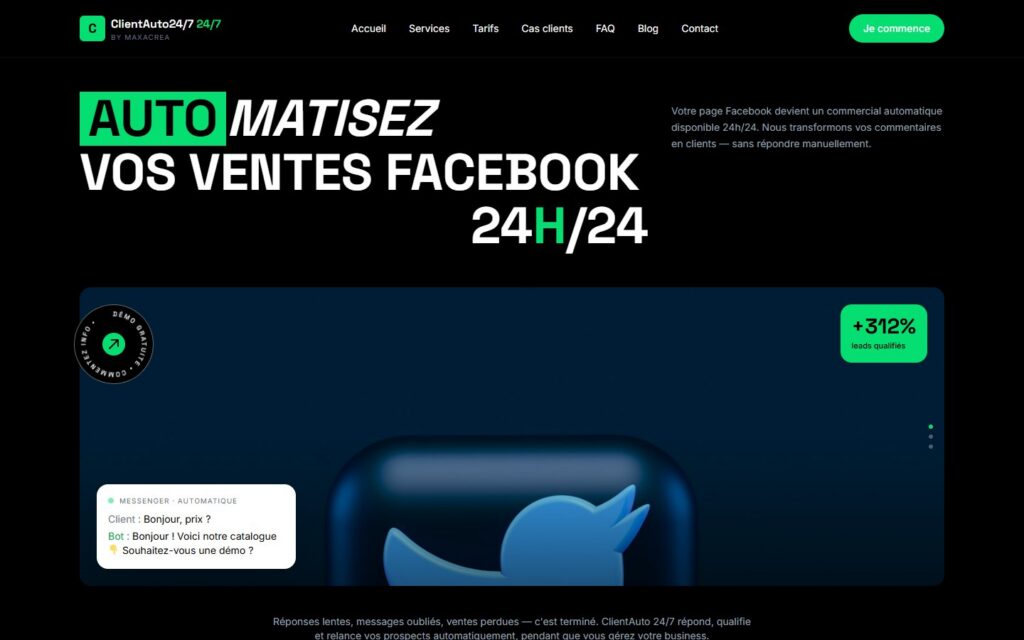 Page d’accueil du site ClientAuto 24/7 : « Automatisez vos ventes Facebook 24h/24 »
