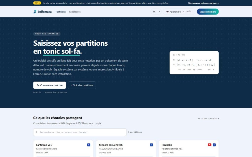 Page d’accueil de Solfamaxa : saisie de partitions en tonic sol-fa