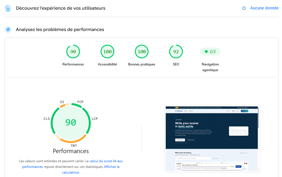 Rapport Google PageSpeed de Solfamaxa : 90 en performance, 100 en accessibilité et bonnes pratiques, 92 en SEO