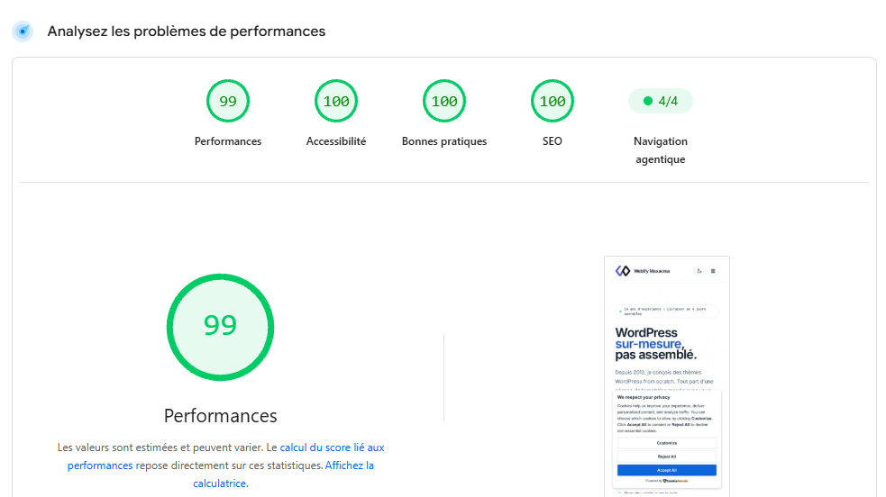 Rapport Google PageSpeed de Webify : 99 en performance, 100 en accessibilité, bonnes pratiques et SEO